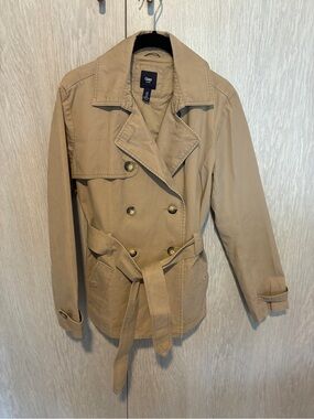 GAP Women's Khaki Double-Breasted Trench Coat with Waist Tie